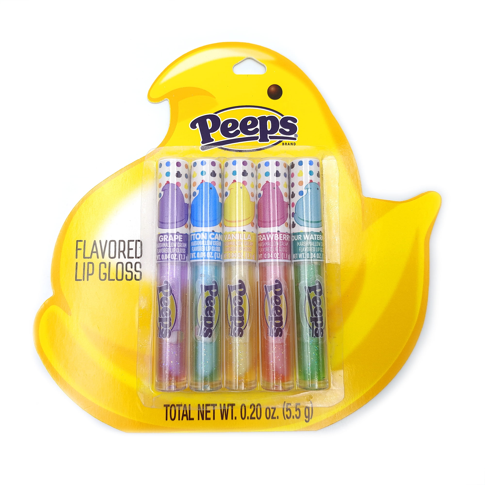 Peeps 5pc Flavored lip gloss, .20 oz (5.5g), Grape Flavored, Cotton Candy Flavored, Vanilla Flavored, Strawberry Flavored Sour Watermelon Flavored