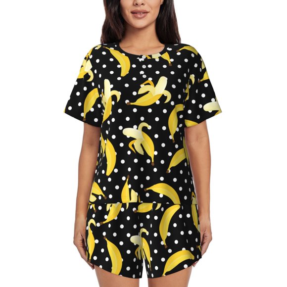 Vsdgher Banana Pattern Womens Pajamas 2 Piece Short Sleeve Sleepwear Set,Summer Soft Pajamas Set Casual Lounge Sets, 2-Piece Pj-X-Large