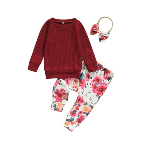 

jaweiw Size 0 6 12 18 24 Months Baby Girl Clothes Set Solid Color Long Sleeve Knitted Tops and Floral Printed Pants Spring Fall Outfits
