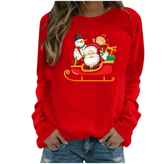 Hueook Sweatshirts for Women Plus Size Round-Neck Winter Fall Fashion Christmas Printed Pullover Long Sleeve Casual Sweater Blouse Tops with Pocket