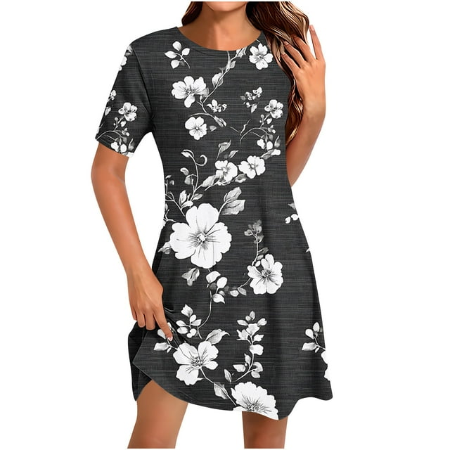 Robe Décontractée pour Femmes, Style Chandail Imprimé à Col Rond et Manches Courtes, Tissu Léger pour Toutes Saisons, Longueur Régulière, Lavage à la Main à l'Eau Froide