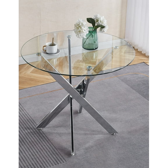 CoSoTower Dining Table with Cross Metal Leg and Tempered Glass, Modern Space Saving Kitchen Table for Living Room, Chrome Legs