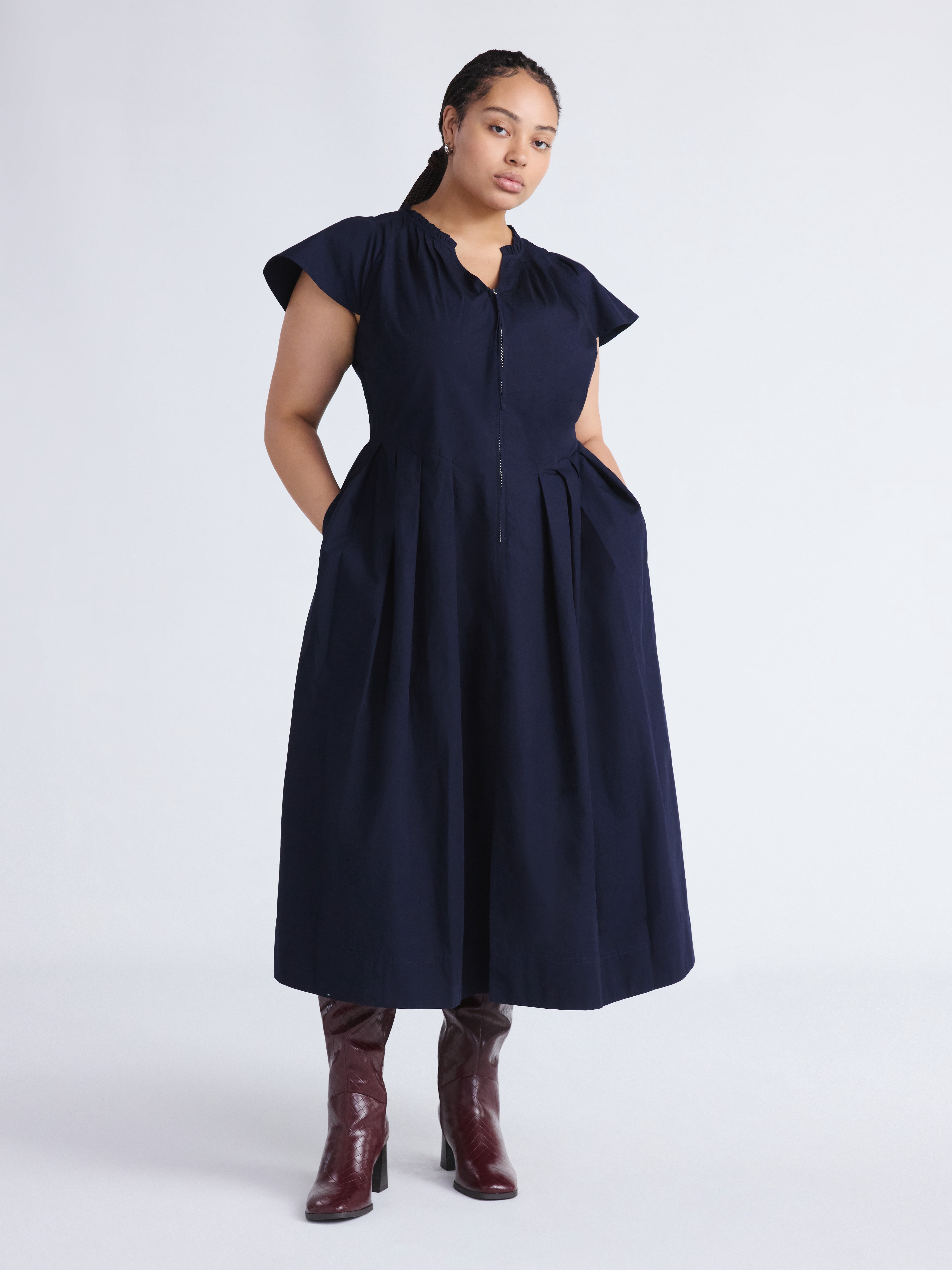 Free Assembly Women's and Women's Plus Zip Front Cotton Maxi Dress with Flutter Sleeves, Sizes XS-4X