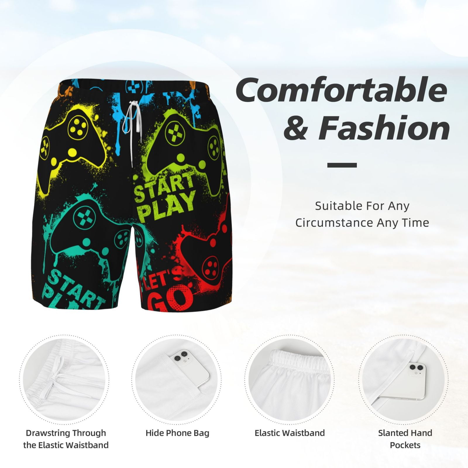 Xecao Play Game Start for Men's Swimming Trunks Swim Trunks Quick Dry Swim Shorts with Mesh Lining Funny Swimwear Bathing Suits