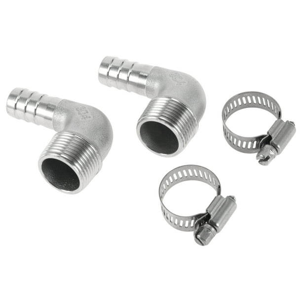 Conectores de manguera Barb de Unique Bargains con 2 abrazaderas, conector de codo de 90 grados para aire, agua, aceite, gas, combustible, acero inoxidable 5/8" OD 3/4" BSPT 1 juego tono plateado