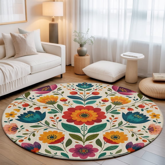 Blossoms Round Living Room Rugs 3.3 ft, Rustic Bobo Ethnic Floral Red Yellow Green Flower Leaves Washable Area Rug with Non-Slip Sturdy Edge Binding Round Front Door Mat Floor Carpet for Entryway