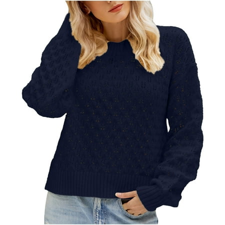 JGGSPWM Dressy Casual Sweaters for Women Junior's Crochet Ribbed Jumper Ladies Cable Knit Tops Crew Neck Tops Long Sleeve Pullover Solid Sweaters for Women Navy S
