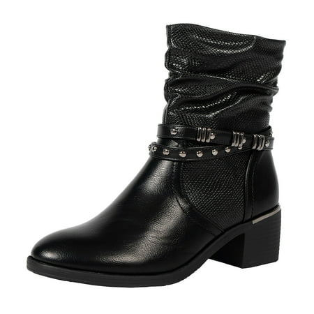 

ZMHEGW Women Short Boots Retro Pointed Toe Block Heel Leather Booties Ladies Shoes
