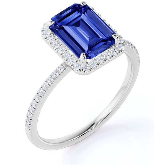 JeenMata 1.75 Carat Emerald Cut Antique Synthetic Sapphire Engagement Ring in 18k White Gold over Silver