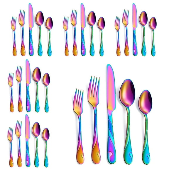 GoGeiLi Rainbow Silverware Set for 6, 30-Piece Stainless Steel Flatware Set, Shiny Rainbow Metal Cutlery Set, Include Fork, Knife and Spoon Set, Dishwasher Safe