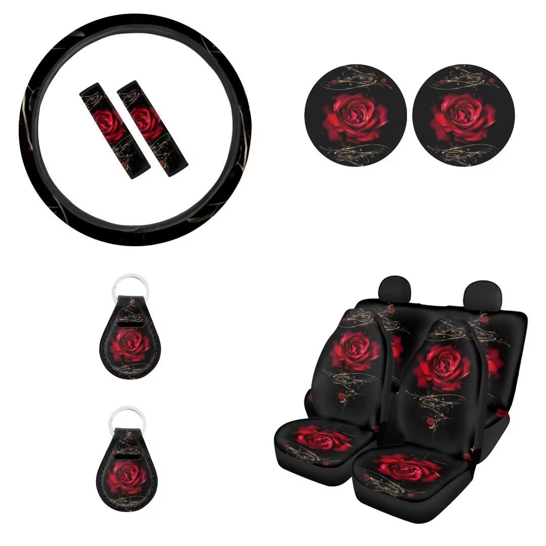 Renewold Red Rose Car Seat Covers and Steering Wheel Cover Full Set
