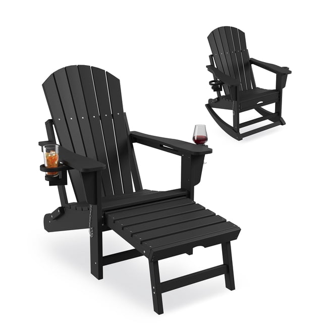 Chaise Berçante Adirondack Pliante en HDPE avec Ottoman Rétractable et Porte-Gobelet – Chaise de Patio Extérieure Résistante aux Intempéries pour Terrasse, Véranda