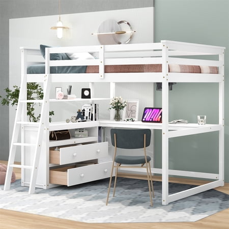 Full Size Loft Bed Full Loft Bed with L-Shaped Desk Wood Loft Bed Frame with Shelves and 2 Built-in Drawers Multifunctional Loft Bedframe with Storage for Bedroom Adult Kid No Spring Box Needed White