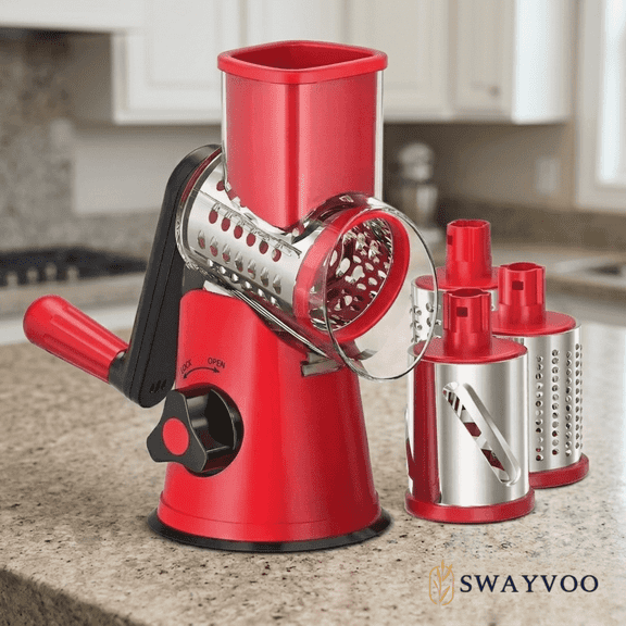 Swayvoo Rotary Grater 3 Blade Cheese Grater, Mandoline Vegetable Chopper, Cheese Shredder, Rotating Drum Grater Red/Black
