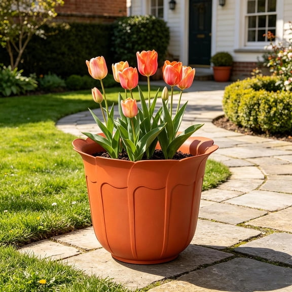 TTJ Plants Pots Outdoor Flower Pots Gardening and Plants Plastic Flower Pots and Wavy-Rimmed Plastic Planters and Faux-Ceramic Brown Flower Pots