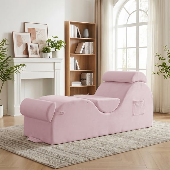 Puremind Yoga Chaise Lounge Chair, Chaise Lounge for Yoga with Headrest/Waist Pad/Foot Pad/Side Pockets,Yoga Chair for Relaxation Stretching, Pink