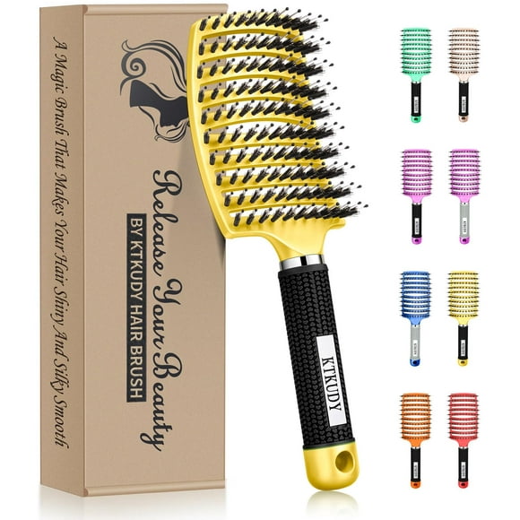 KTKUDY Detangling Brush Boar Bristles Hair Brush Make Hair Shiny & Healthier Curved and Vented Detangler Brush for Women Men Kids Wet and Dry Hair (Yellow)
