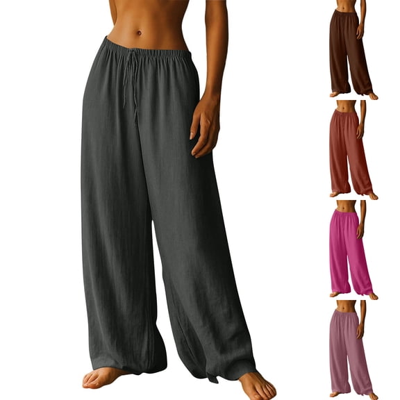 Miluxas Women's Straight Wide Leg Cotton Linen Pants Drawstring High Waisted Casual Long Trousers with Pockets Pink XL(XL)