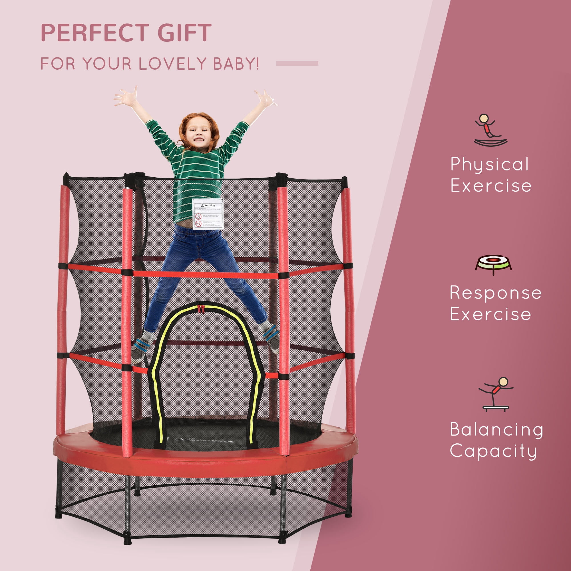 Kids Outdoor Toys, Φ5FT Kids Trampoline with Enclosure Net, Springless Design, Safety Pad and Steel Frame for Indoor Outdoor, Toddler Round Bouncer for Age 3 to 6 Years RED, Outdoor Play Equipment