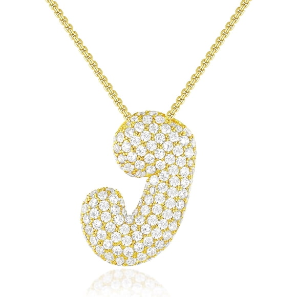 KissYan Bubble Letter Necklace, 14K Gold Plated Balloon Puffy Initial Pendant Box Chain Necklace Dainty CZ Jewelry Gift for Women