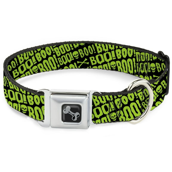 Buckle-Down Pet Collar, Dog Collar Metal Seatbelt Buckle, Boo Text Skull and Crossbones Black Green, 9.5 to 13 Inches 1.0 Inch Wide