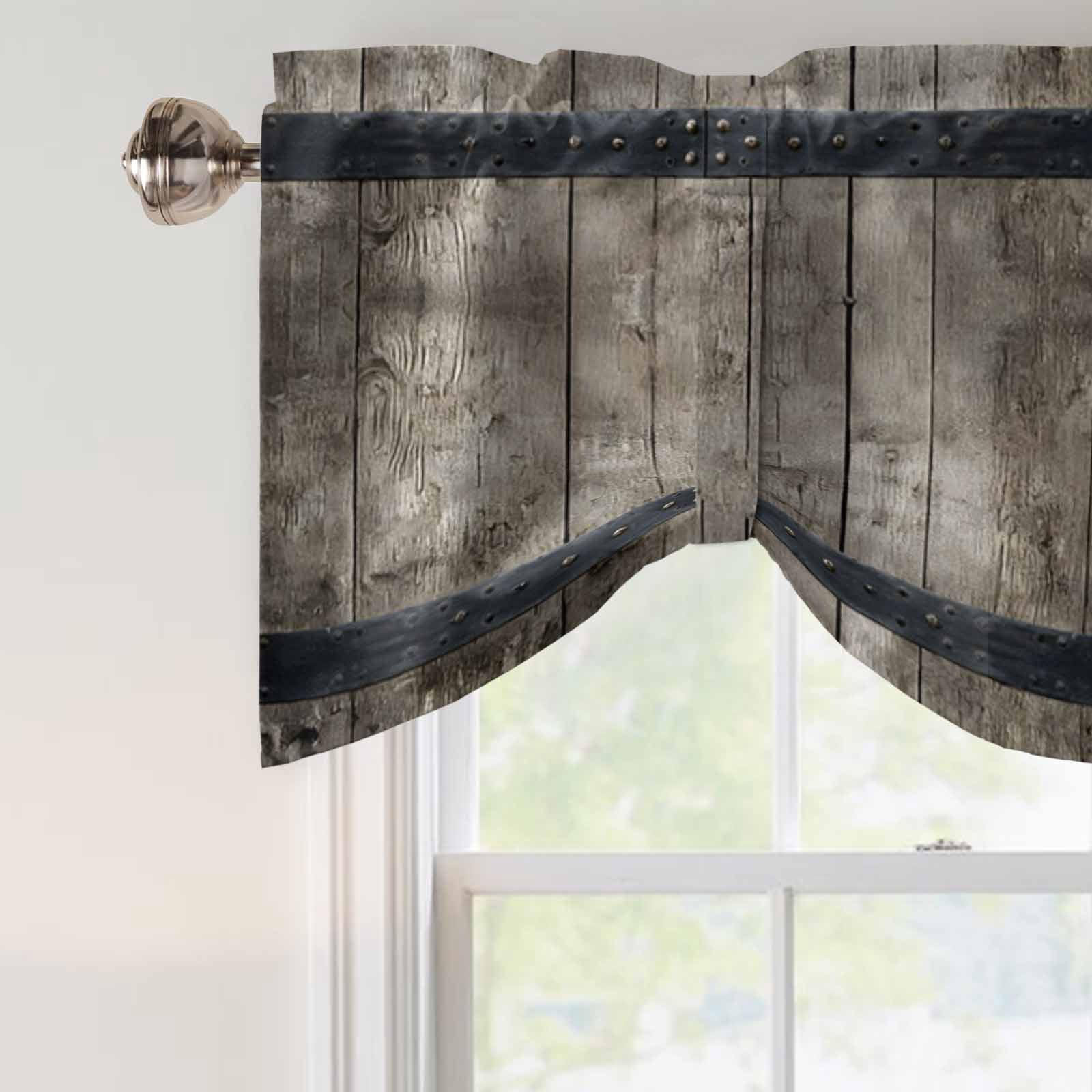 Country Barn Door Tie Up Valances Curtain, Adjustable Kitchen Distressed Retro Brown Wood Grain Rivet Valances for Windows Decor, Rod Pocket Short Curtains Set for Bedroom/Bathroom, 54"x18"
