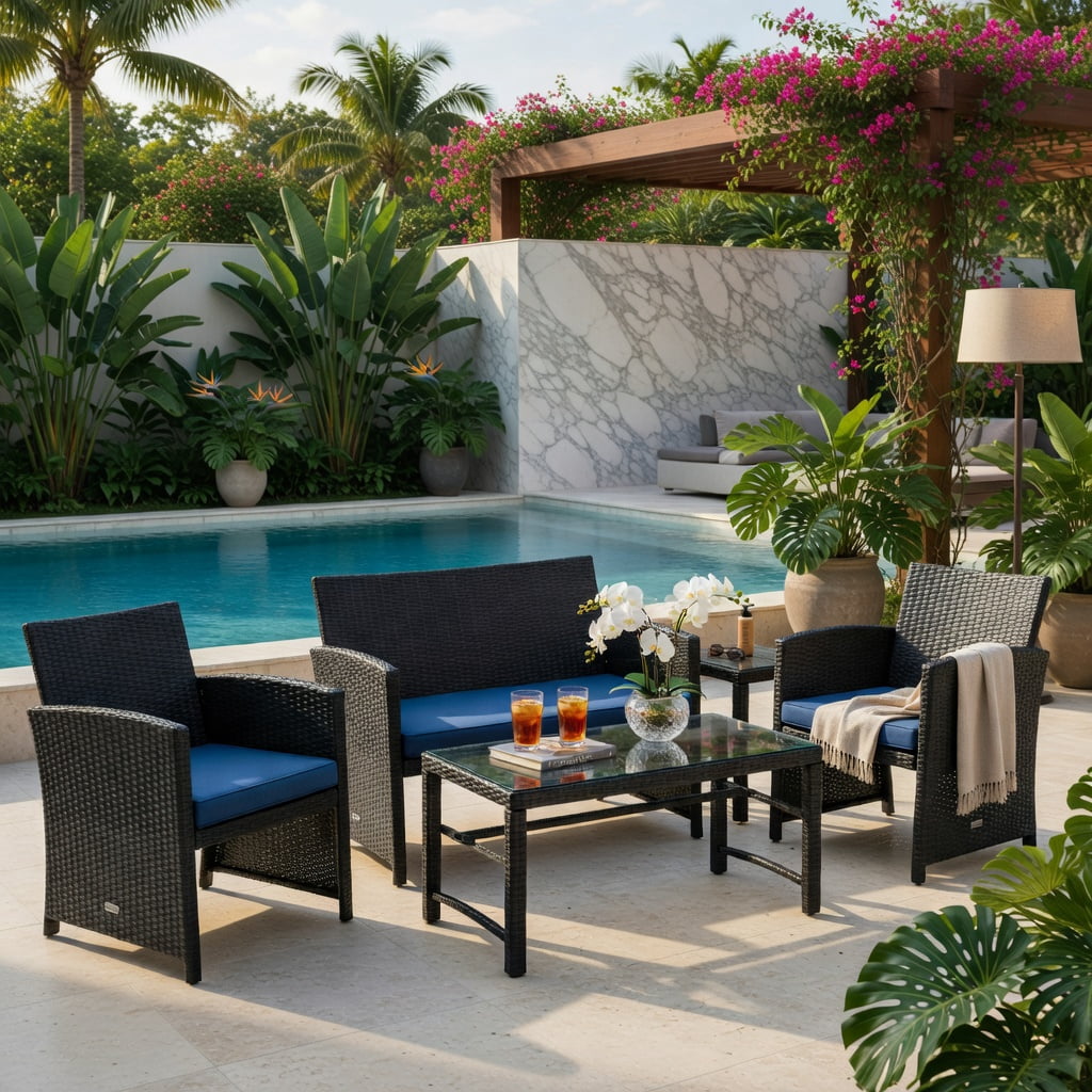 Hommoo 4-Piece Outdoor Rattan Patio Furniture Set with Cushions, Tempered Glass Coffee Table, Loveseat & 2 Chairs, Weather-Resistant Wicker Seating for Patio, Poolside & Deck, Navy