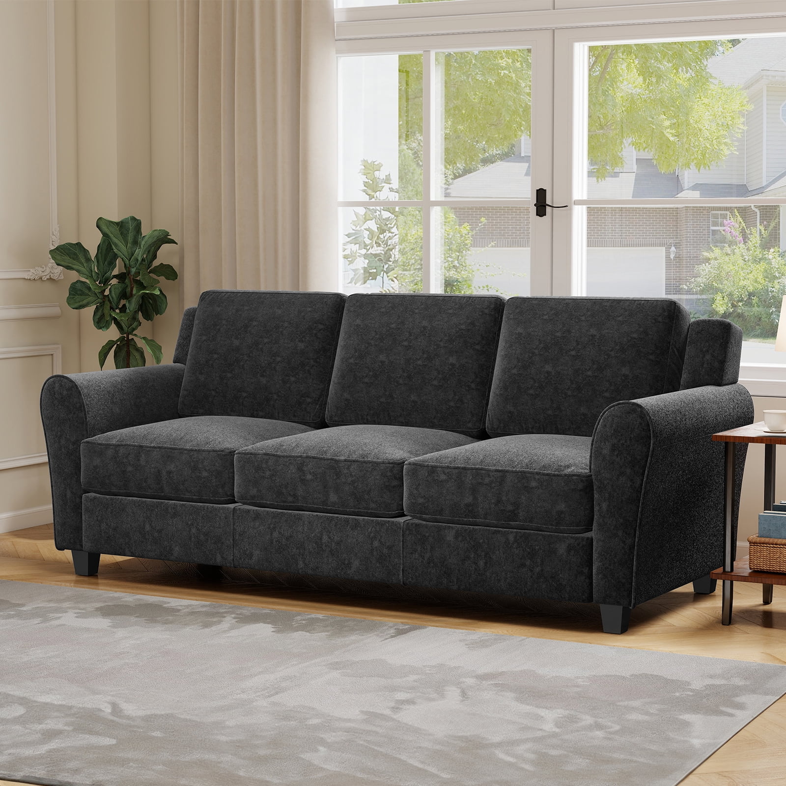 Ebello Modern Sofa Couch, 3-Seater Upholstered Couches with Thick Cushions for Living Room and Bedroom, Black