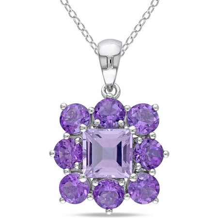 Tangelo 3-7/8 Carat T.G.W. Square-Cut Rose de France and Round-Cut Amethyst Sterling Silver Cluster Pendant, 18