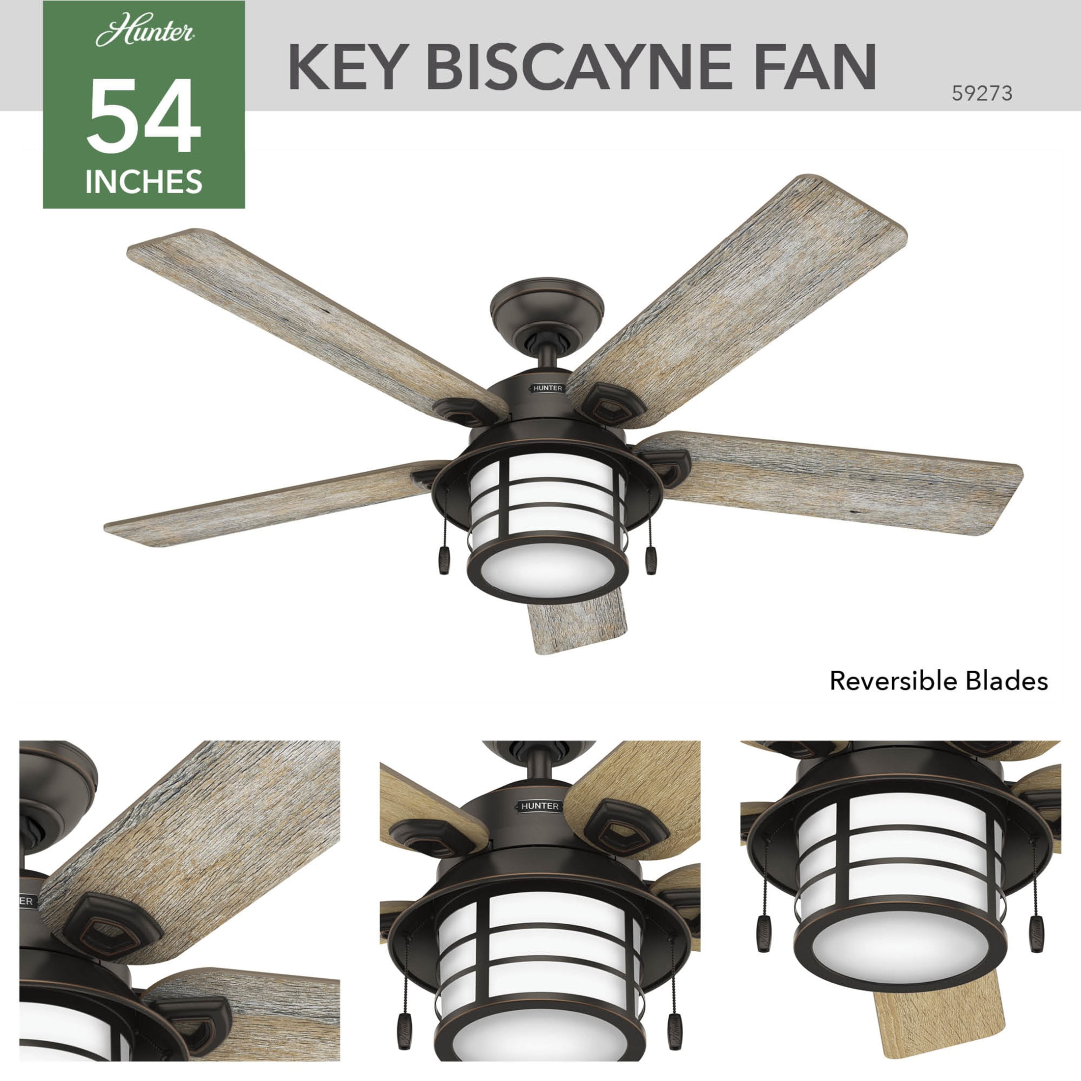 Hunter 54 inch Outdoor or Indoor Ceiling Fan with LED Light - Rustic Ceiling Fan with Pull Chain, For Bedroom, Living Room, or Patio, Standard Mount, No Remote - Key Biscayne 59273, Onyx Bengal