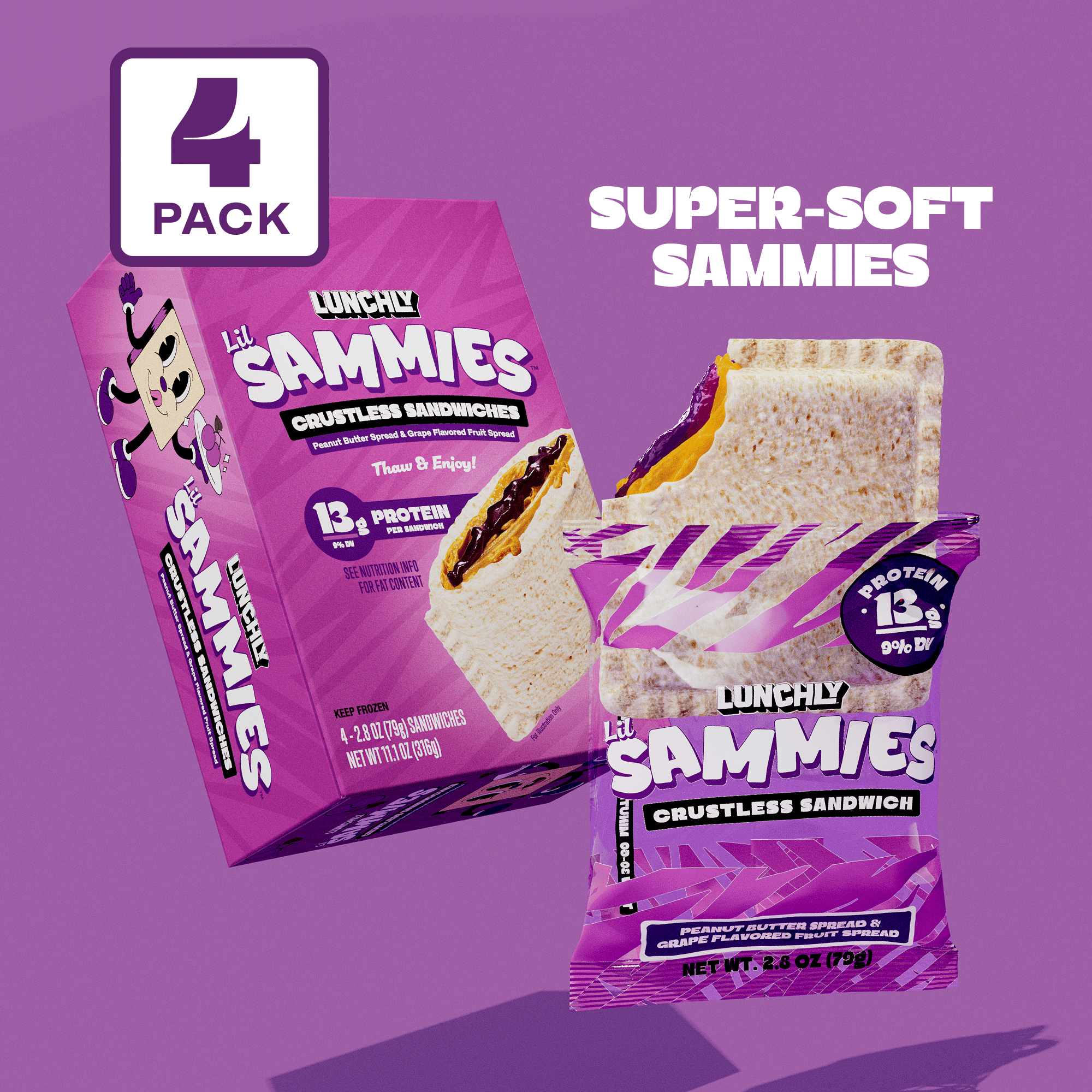 LUNCHLY Peanut Butter & Grape Lil Sammies, 13G Protein, 4 Count, 2.8oz Each, Frozen, Crustless Sandwiches