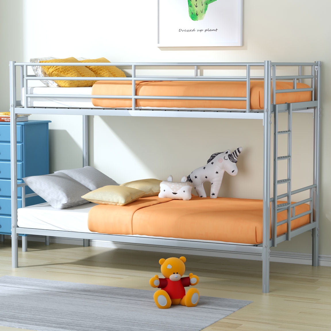 Silver Twin over Twin Bunk Beds Metal Twin Size Bunk Beds Frame with