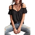 thumbnail image 2 of Women Cold Shoulder Ruffle Trim Top V Neck Short Sleeve Casual Blouse Black S, 2 of 7