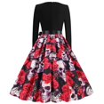 thumbnail image 2 of QLEICOM Halloween Costumes, Vintage V Neck 1950s Housewife Evening Party Prom Dress for Women, Retro Swing Cocktail Party Dress, Halloween Skull Print Long Sleeve Slim Dress F XL, 2 of 4