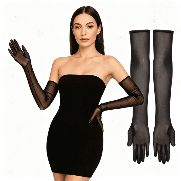 XIBUFE Long Black Sheer Gloves,Lace Opera Gloves Mesh Women Formal Glove Tulle Glove 1920S Accessories Tea Party Accessory Flapper Prom Accessories for Women Bridal Wedding(21.65 Inch)