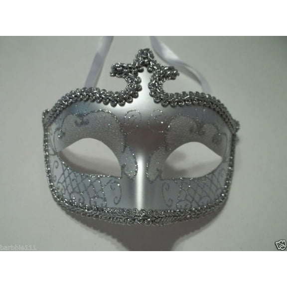 White Silver Glitter Venetian Masquerade Costume Mask Halloween New Years Party
