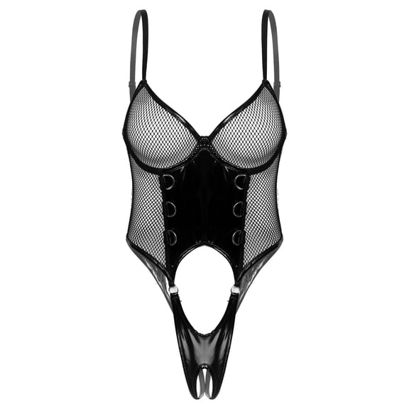 Lingerie for Women Fishnet Black Leather Splice Bodysuit Mesh Teddy Backless Nightgowns
