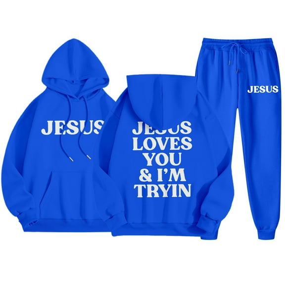QHRMKOG Sweat Suits Men Letter-printed Drawstring Hooded Sweatshirt and Sweatpants Tracksuits Athletic Jogging Sets Fashion Outfit Blue L