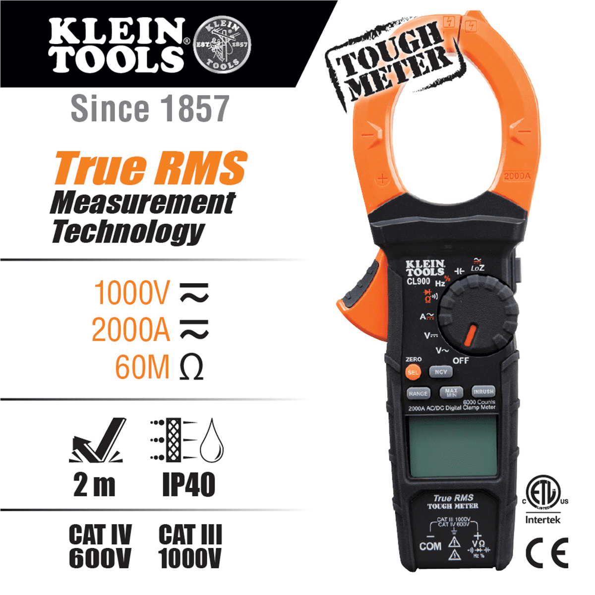 Klein Tools Digital Clamp Meter, AC Auto-Range TRMS, Low Impedance (LoZ), 2000 Amp