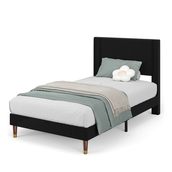 Garvee Corduroy Upholstered Platform Bed Frame with Headboard – Sturdy Metal & Wooden Slats, Noise-Free, Modern Low Profile, Easy Assembly – Twin Size, Black