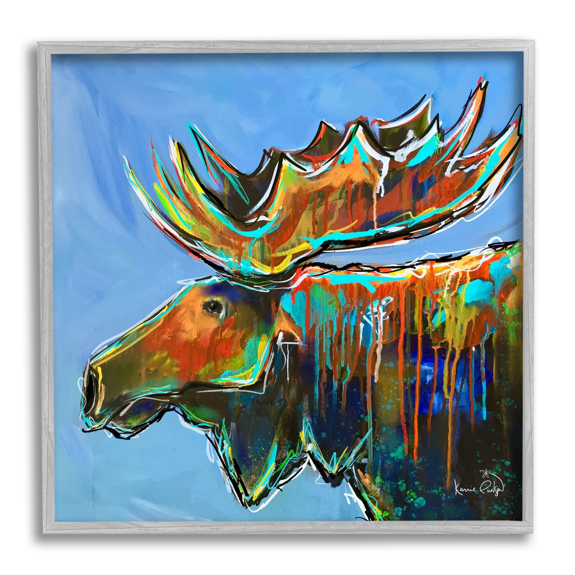 Stupell Industries Contemporary Street Style Paint Drip Bold Moose Antlers Painting Gray Framed Art Print Wall Art, Design by Karrie Evenson
