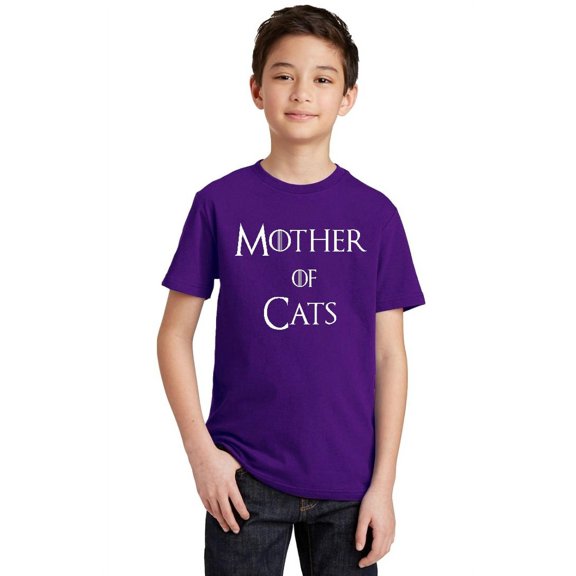 P&B Mother of Cats Funny Youth T-shirt, Purple, M
