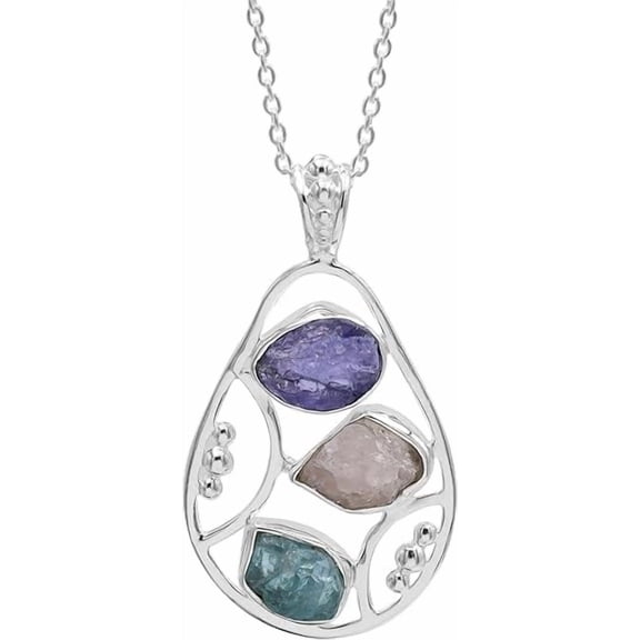 Raw Tanzanite, Apatite and Rose Quartz Pendant Necklace, Natural Rough Gemstone Chakra Crystal, Handmade Sterling Silver 18 Inch Necklace, Jewelry Gift for Women