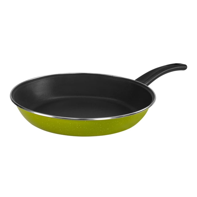 Sartén Ekco Adana color verde de acero esmaltado 28 cm, vista 3/4 frontal; sartén redonda con exterior vitrificado verde moteado, interior negro con recubrimiento antiadherente, borde de acero y mango de baquelita negro con aislante térmico. Apta para gas, eléctrica, vitrocerámica e inducción; adecuada también para saltear y cocinar porciones familiares.