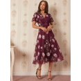 thumbnail image 6 of Womens Burgundy Floral Print V-Neck Short Sleeve Midi Dress, 6 of 7
