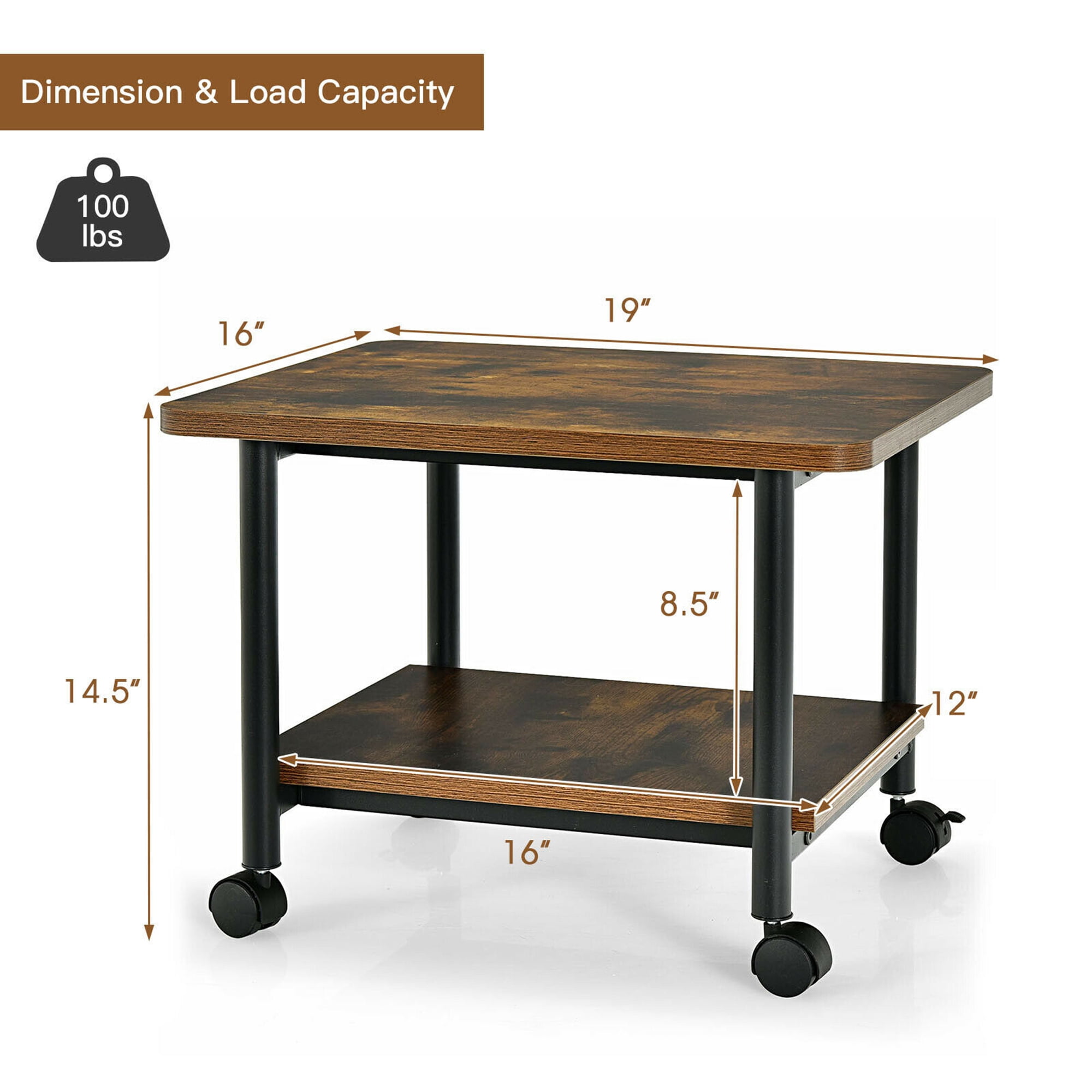 Gymax 2-Tier Machine Stand Storage Rack Rolling Under Desk Printer Cart, Brown