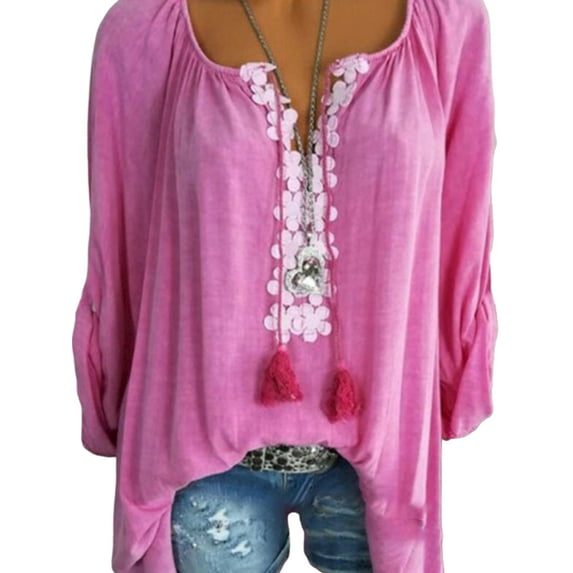 WISEFIN Women Plus Size T-Shirt Casual Lace Stitching Long Sleeve Solid Color Relaxed Fit Blouse Tops