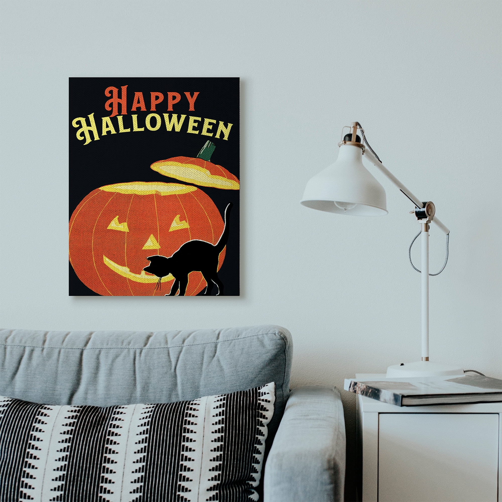 Stupell Home Décor Happy Halloween Pumpkin Cat Black Orange Word Design Canvas Wall Art by the Saturday Evening Post