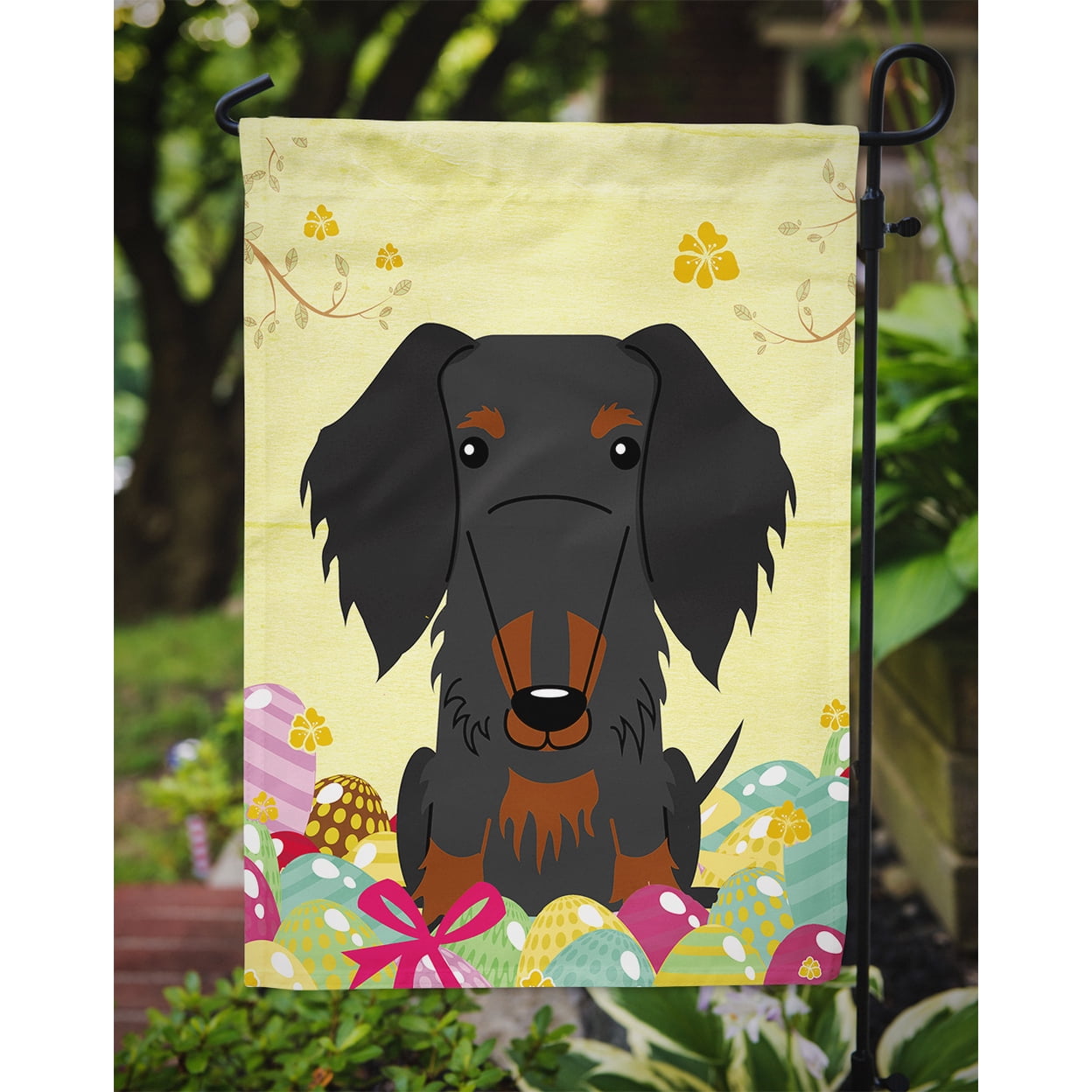 Caroline's Treasures BB6127GF Easter Eggs Wire Haired Dachshund Black Tan Flag Garden Size , Small, multicolor