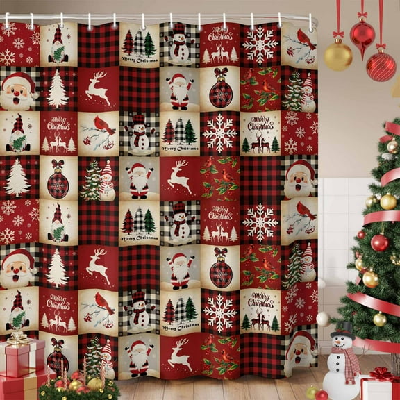 Christmas Plaid Shower Curtain, Xmas Tree Snowflake Snowman Vintage Red Waterproof Fabric Shower Curtains with 12 Hooks, Bathroom Curtain Set for Bathroom Accessories Decor, 72 x 72 Inches